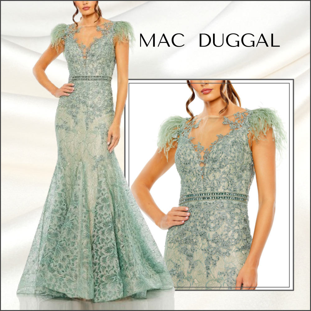 関税送料込【MAC DUGGAL】ロング ドレス 花柄 フェザー グリーン