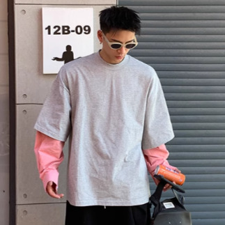 2色 ロングTシャツ 重ね着風 リラックス ラフ ルーズ カジュアル