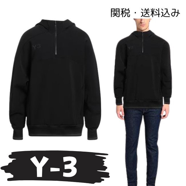 関税・送料込み【Y-3】ハーフジップ ロゴフーディ