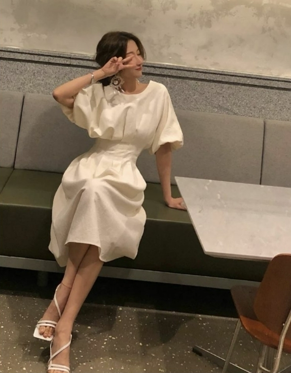ワンピース ロング 体型カバー バルーンスリーブ 韓国