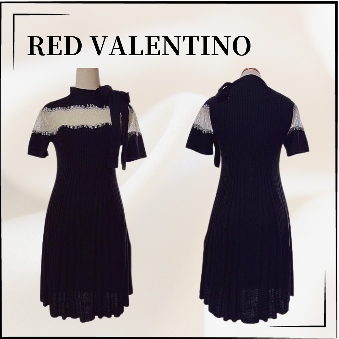 【RED VALENTINO】リブ編みウール ミニワンピース レースパネル
