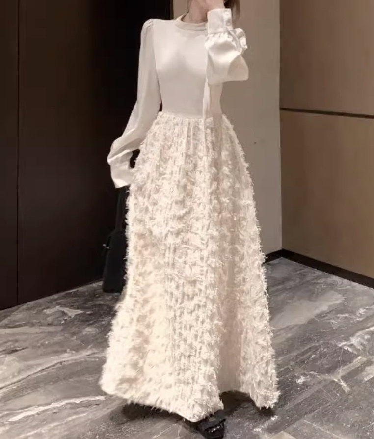 ドレス ロング丈 無地 長袖 シンプル パーティー 結婚式 韓国