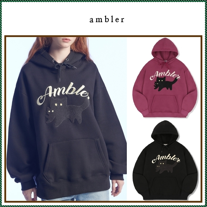 【AMBLER】 Black cat Overfit Hood Sweatshirt