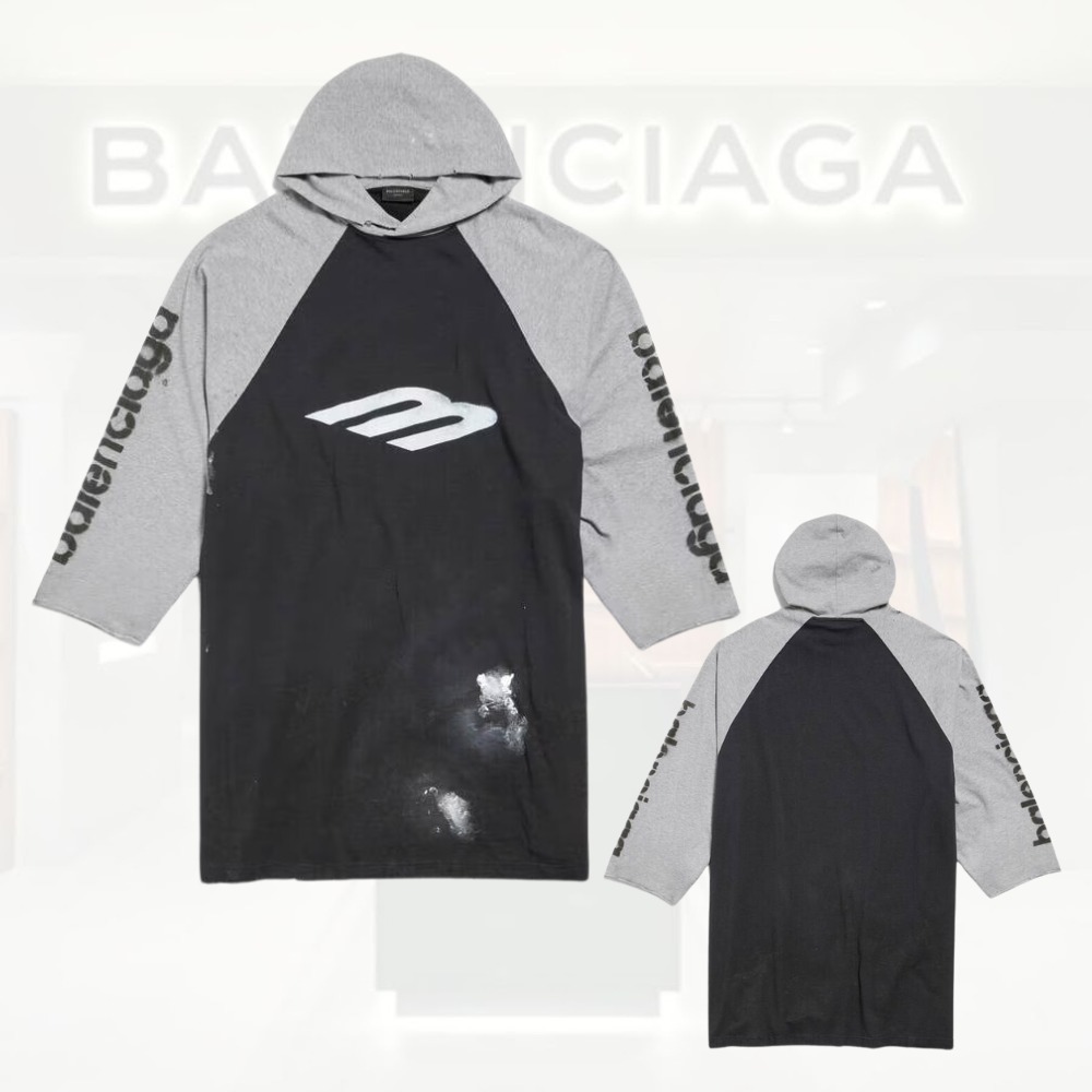 送料込+BALENCIAGA+3b Stencil フーデッド ラグランTシャツ