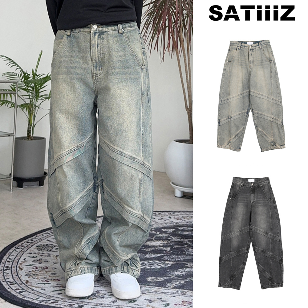 【SATIIIZ】Kyle Diagonal Cut Wide Denim Pants
