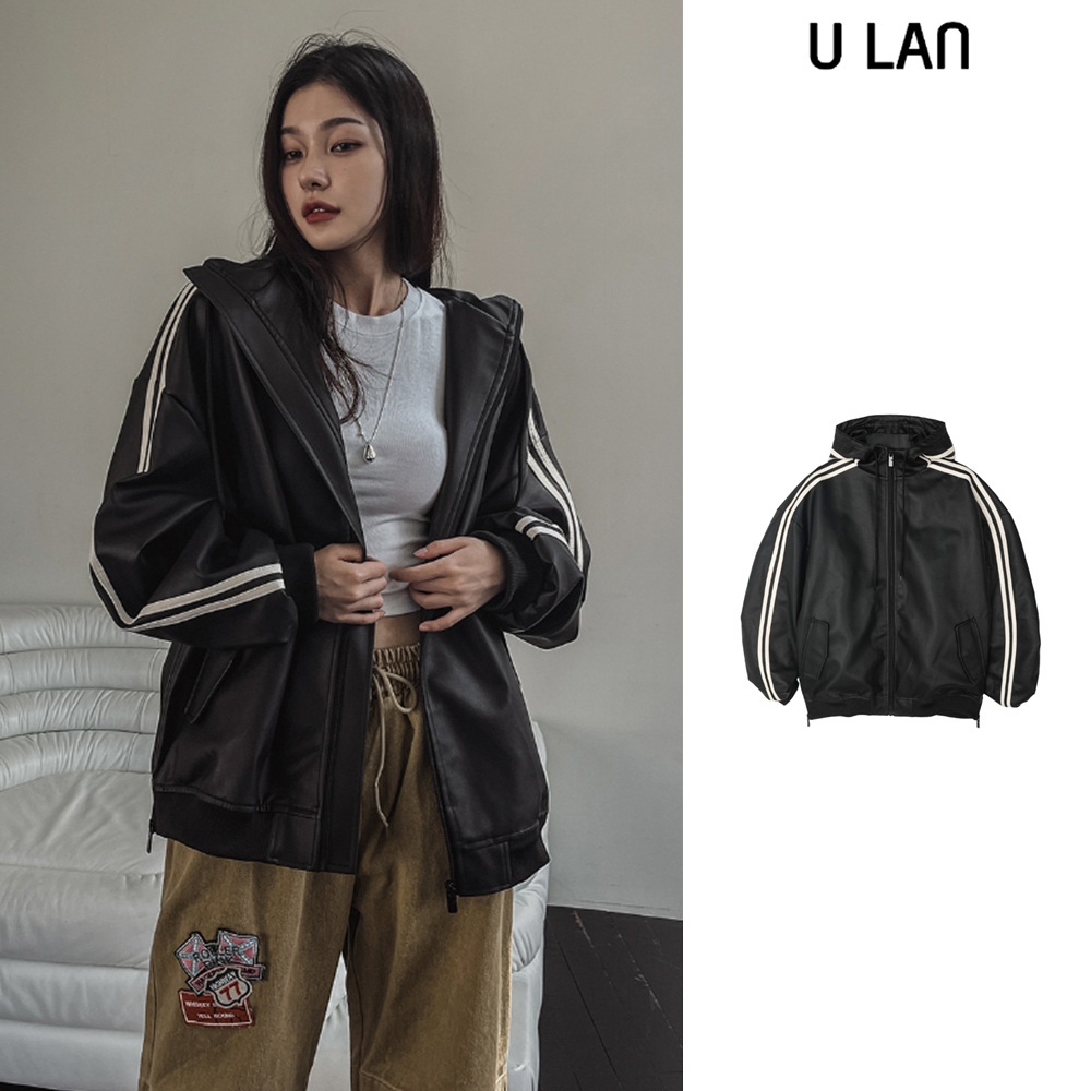 【U LAN】Track shirring leather hooded jacket