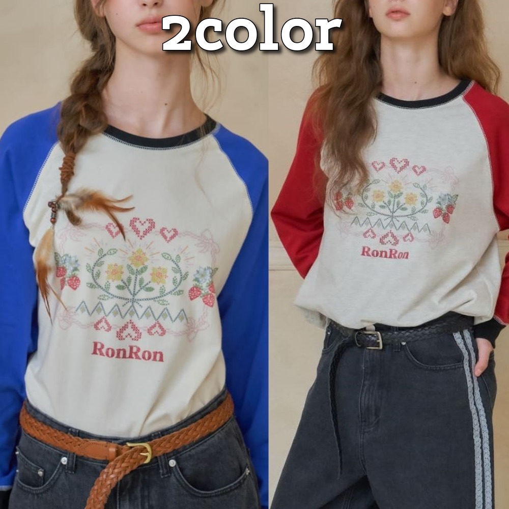 RONRON★韓国★人気 CROSS STITCH RASPBERRY RAGLAN LONG SLEEVE