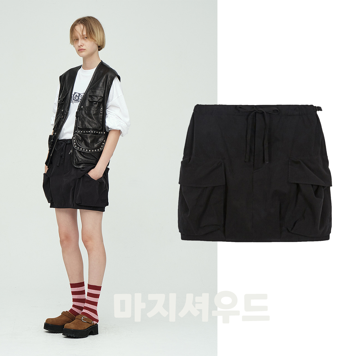 [Margesherwood ] / ☆ DRAW STRING CARGO MINI SKIRT / black