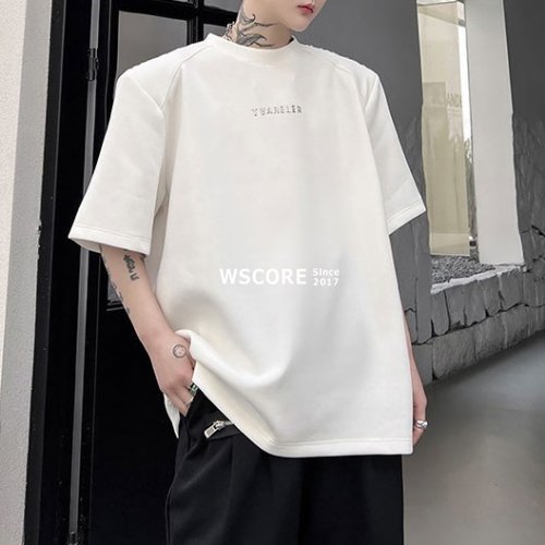 半袖Tシャツ メンズ ショルダーパッド 立体文字デザイン 2色