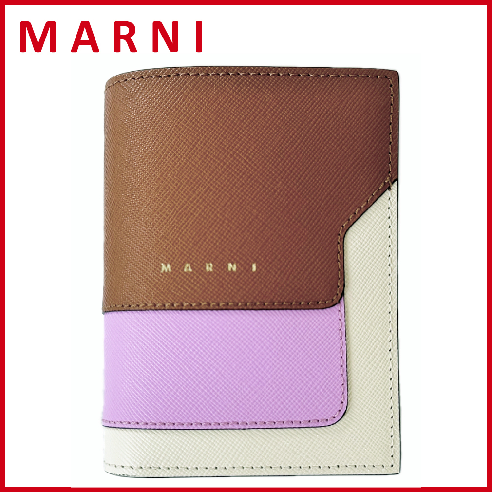 マルニ レザー 二つ折り財布 茶色×パープル MARNI