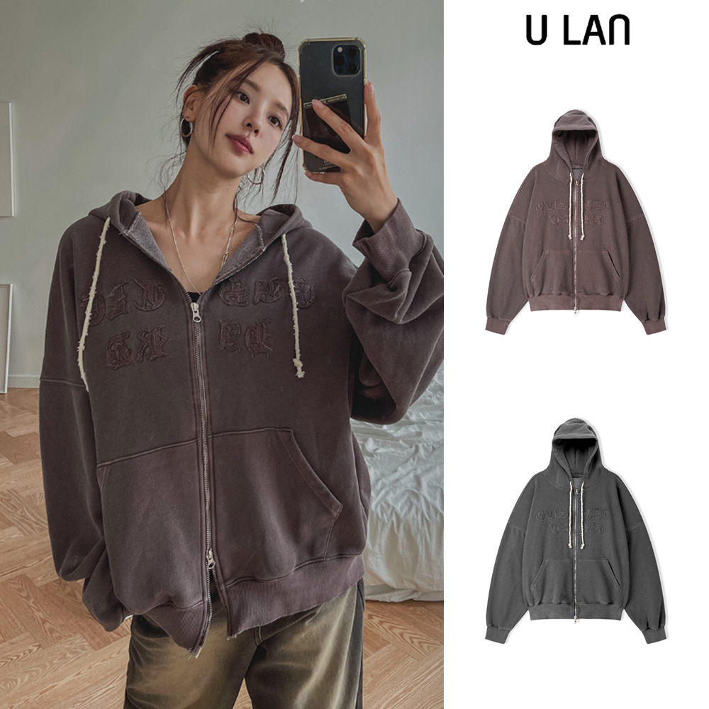 【U LAN】Noxie Pigment Embroidered Two-Way Hood Zip Up