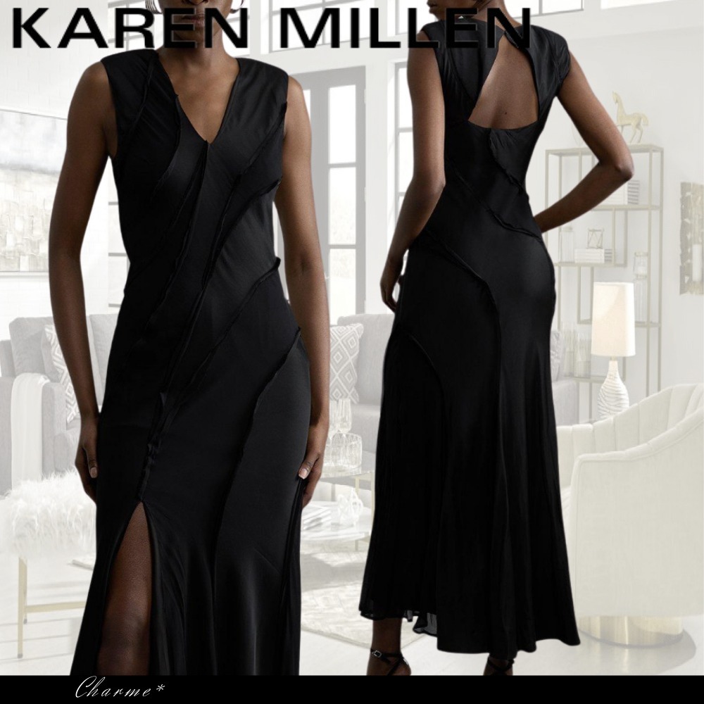 KAREN MILLEN ロングドレス パワーショルダー 無地 Vネック