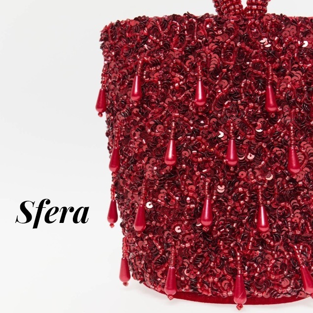 スペインSfera★RED映え ビーズ艶やか バケツ型パーティーバック