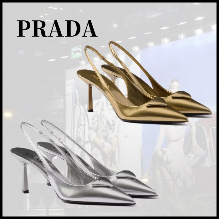 PRADA プラダ ブラック シルバー 革 ポインテッドパンプス 掻い