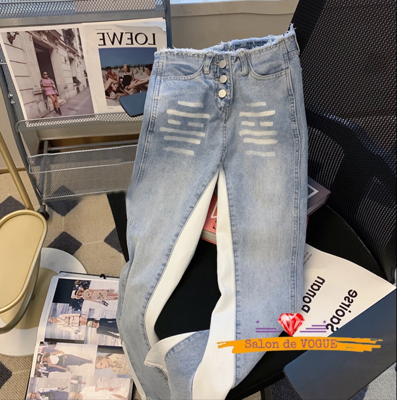 デニム Gパン ダメージ加工 配色 ストレートパンツ カジュアル