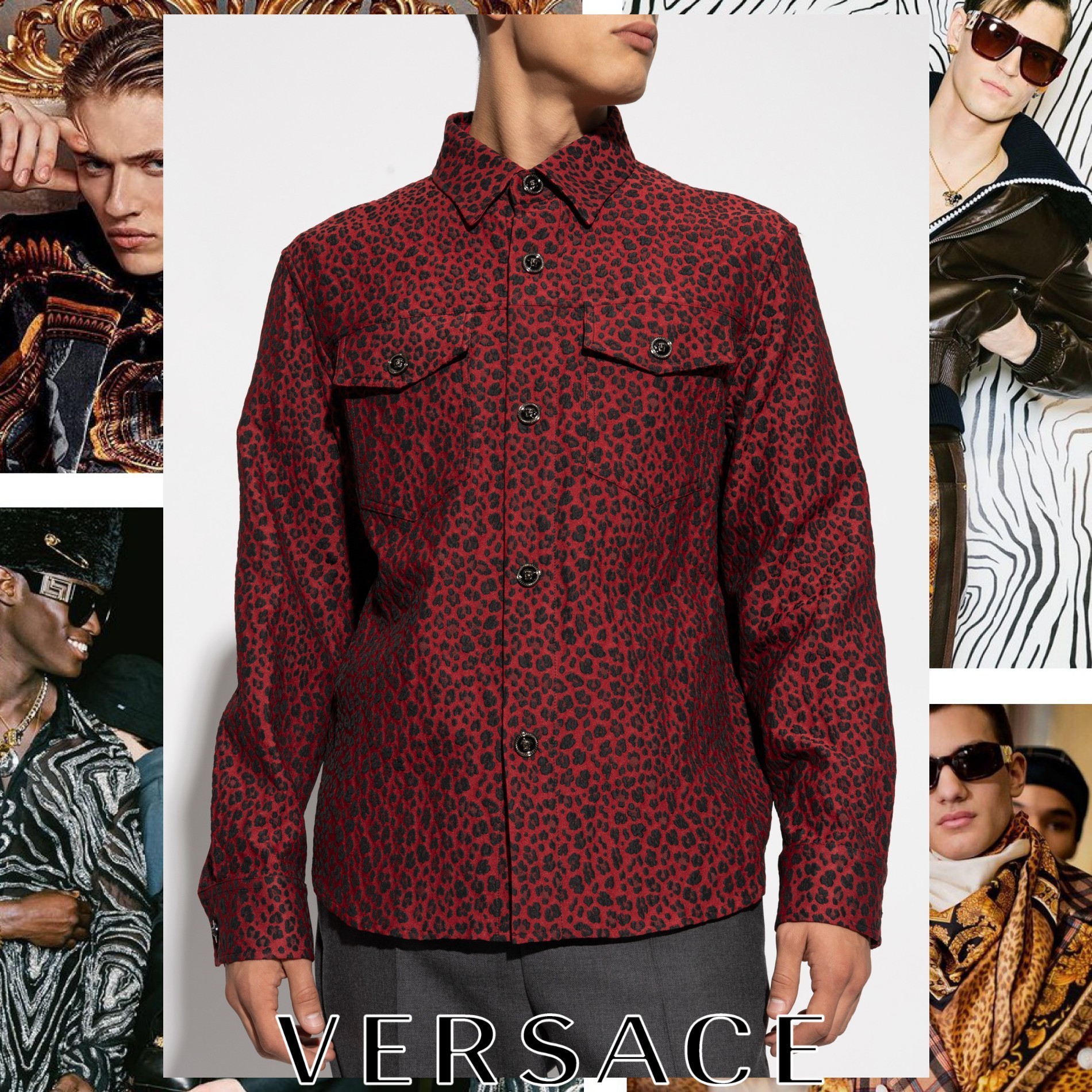 VERSACE ヒョウ柄 ジャカード オーバーシャツ レッド
