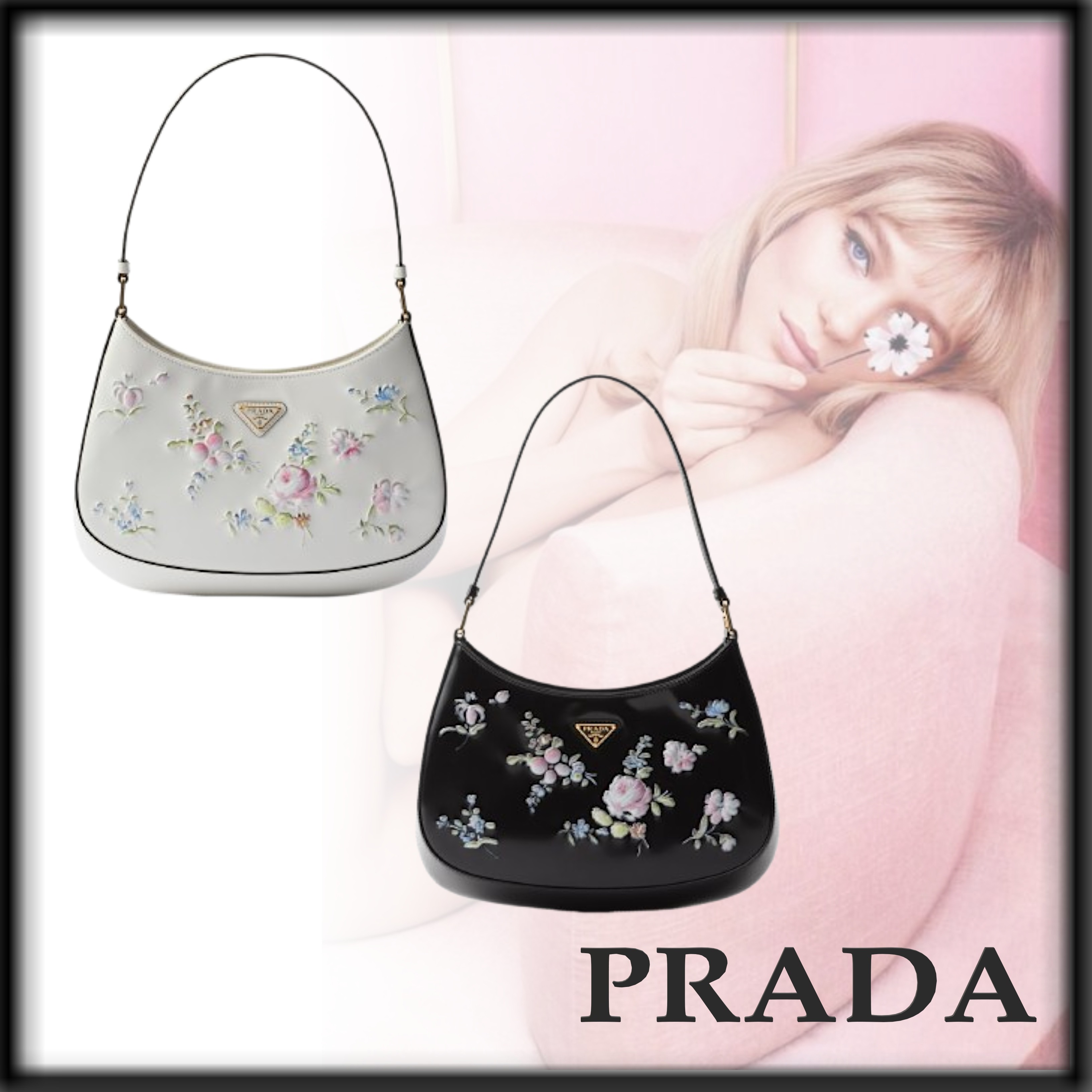 PRADA 上品 素敵 Cleoプリント Brushedレザー ショルダーバッグ