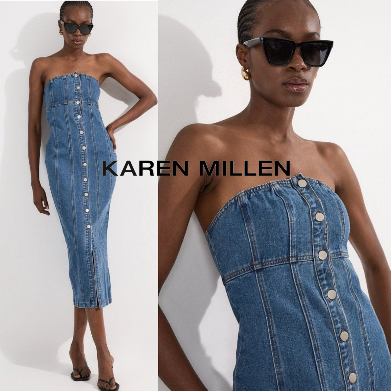【KAREN MILLEN】デニム バンドゥ ボタン ミディ ドレス 関税込