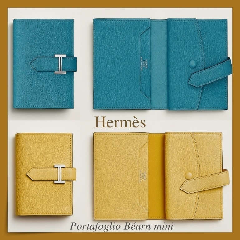 【HERMES】ブルー/イエロー レザー☆人気 Bearn mini ウォレット
