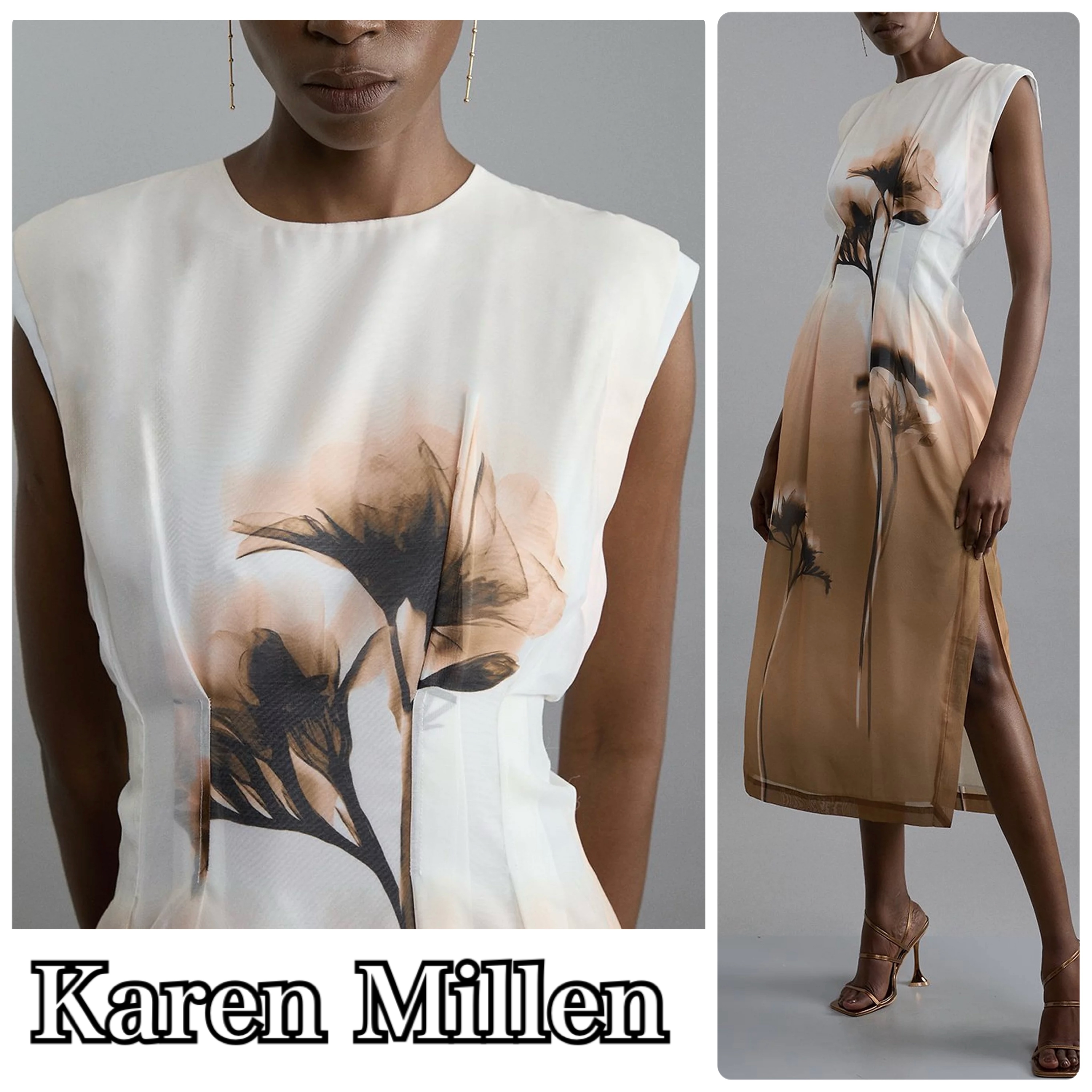 【Karen Millen】フローラル オーガンジー ミディ ワンピース