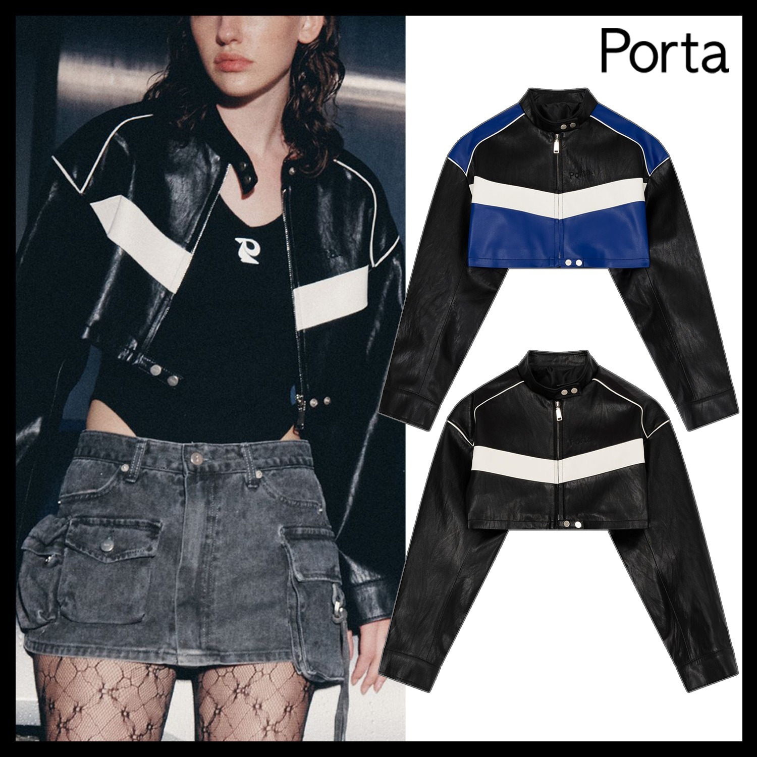 【PORTA】CROPPED BIKER LEATHER JACKET / 追跡付