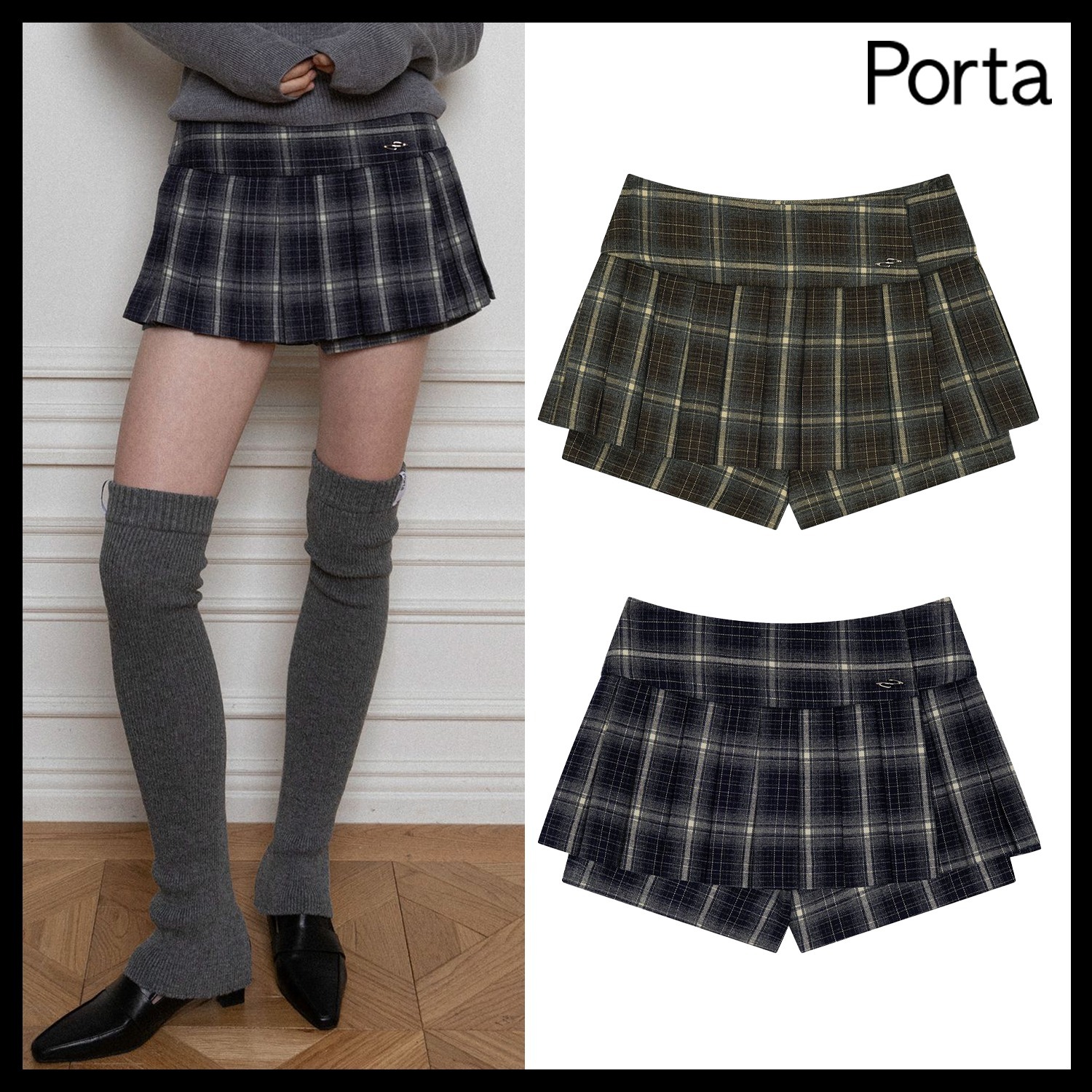 【PORTA】CHECK PLEATS MINI SKIRT SHORTS / 追跡付