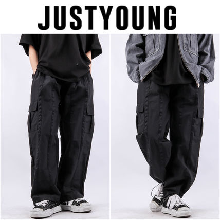 韓国発!【JUSTYOUNG】NV Stitch Cargo Wide Pants/男女共用 Vaceky Stretch Cargo Jeans Women Straight Leg Side Zipper
