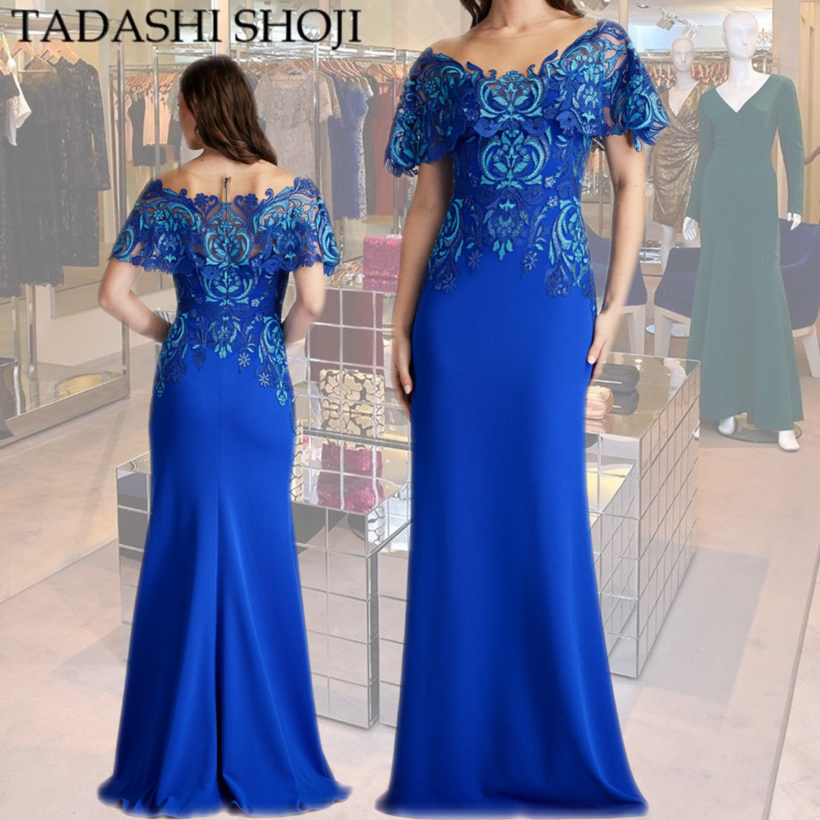 【TADASHI SHOJI】デミングフリルスリーブイリュージョン ガウン