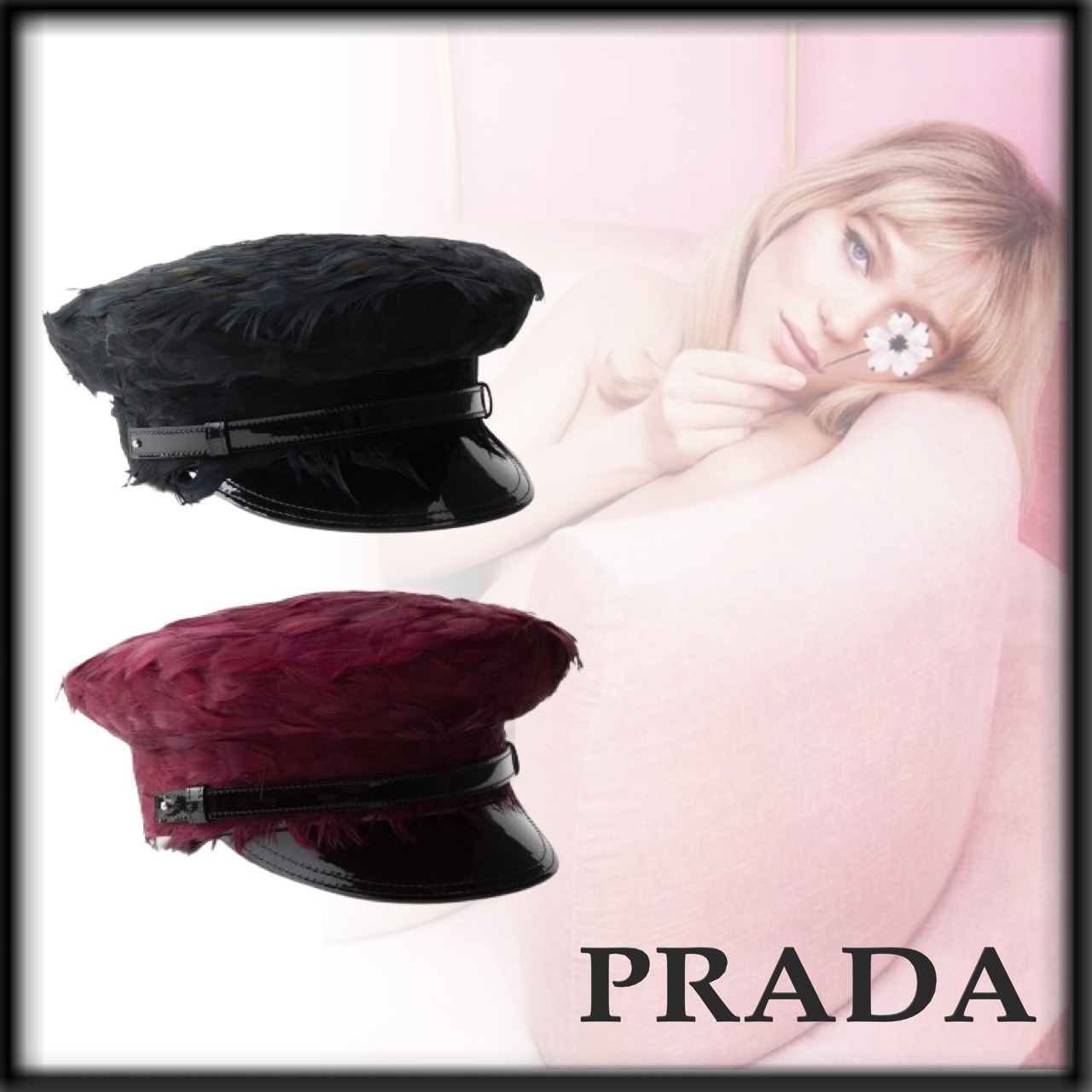 PRADA ランウェイ 洗練 パテントレザー&フェザー ハット