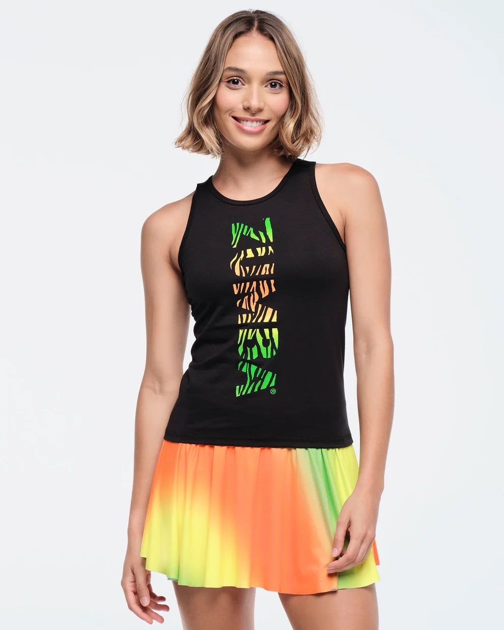 新作♪ズンバ Zumba Funscape Fitted High Neck Tank-Bold Black