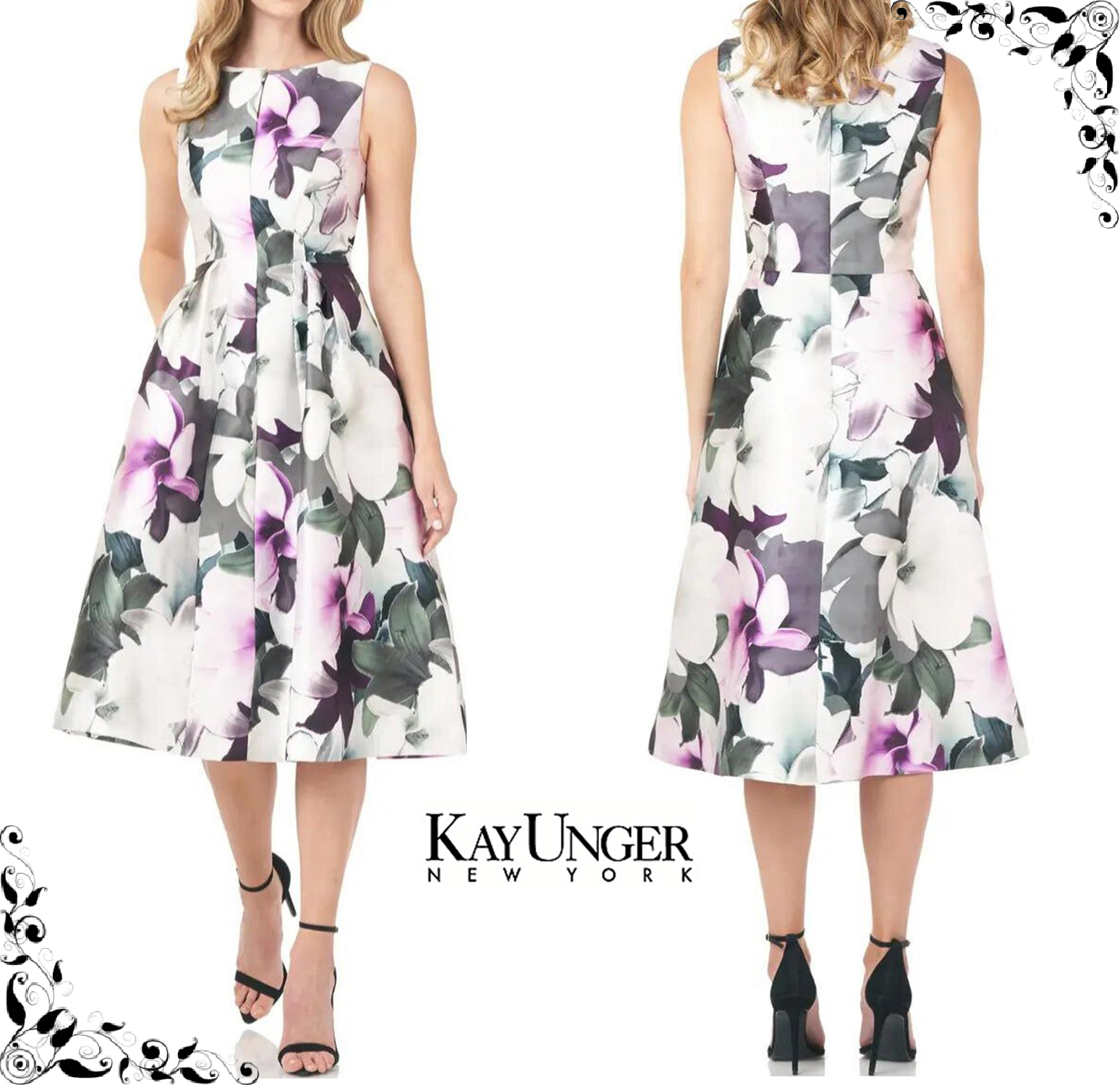 Kay Unger☆上品フローラル柄フレアワンピース