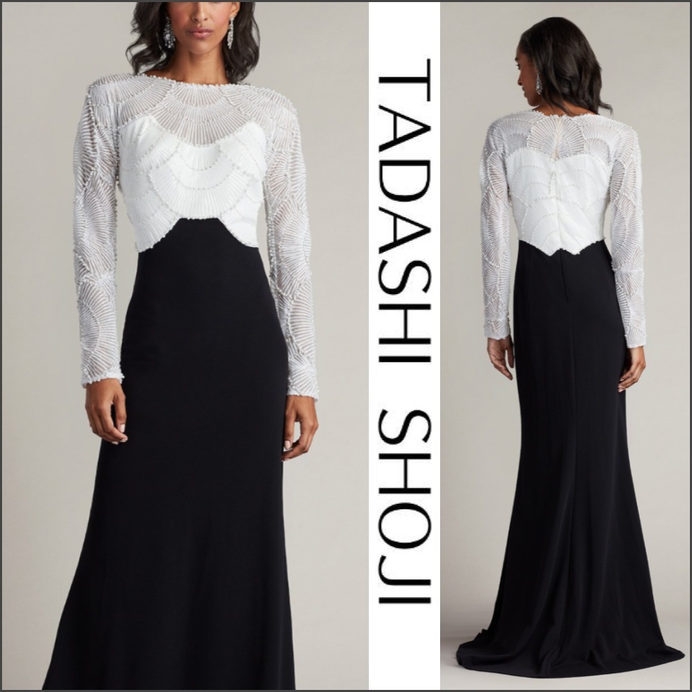 関税送料込【TADASHI SHOJI】ロングドレス パール ブラック/WH