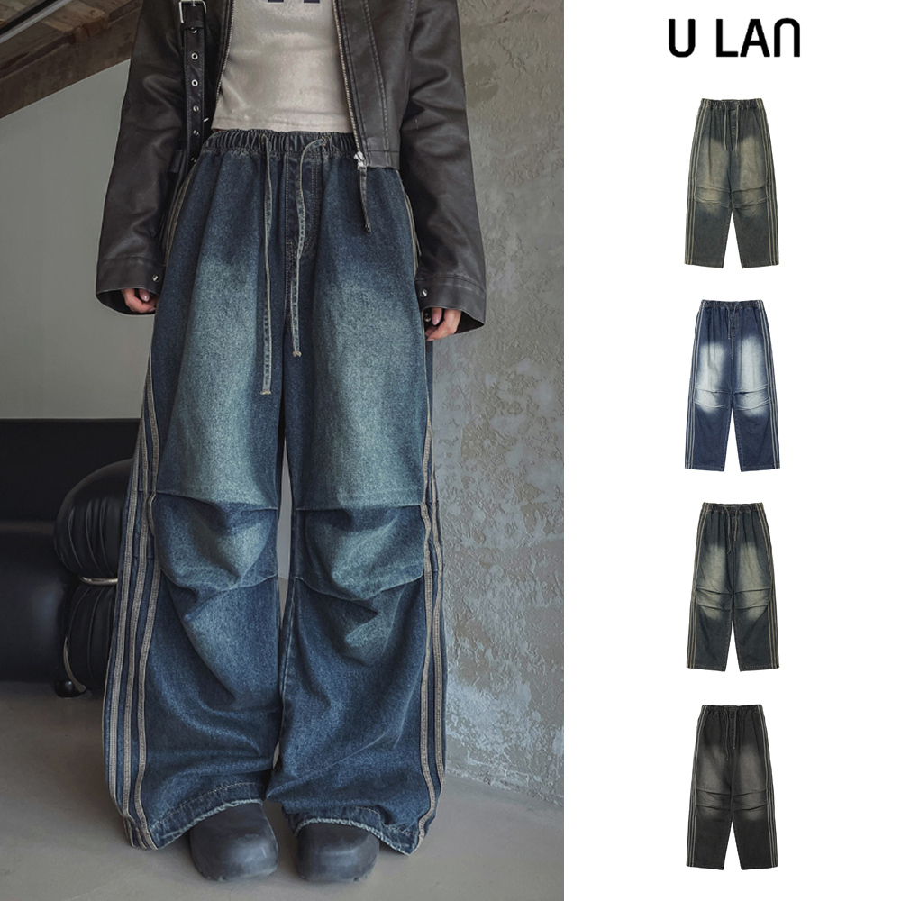 【U LAN】Moshu track line string denim pants
