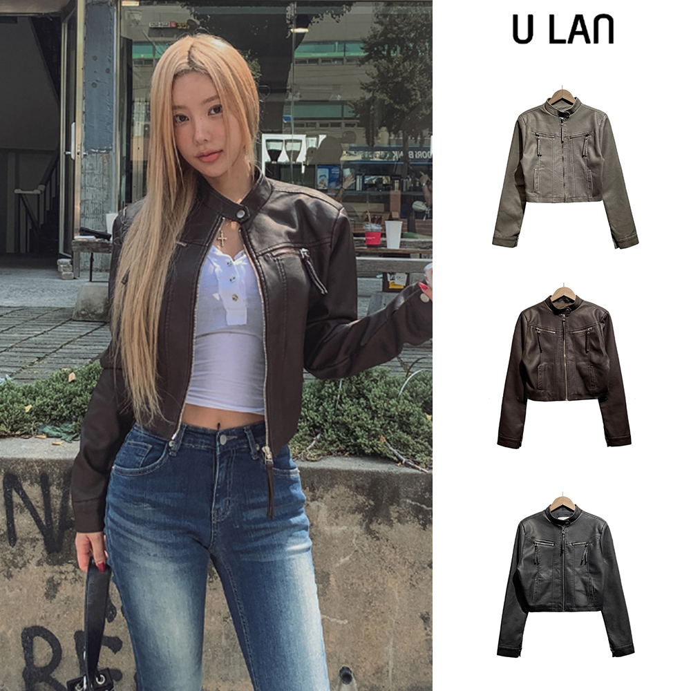 【U LAN】Oul vintage washing biker leather jacket