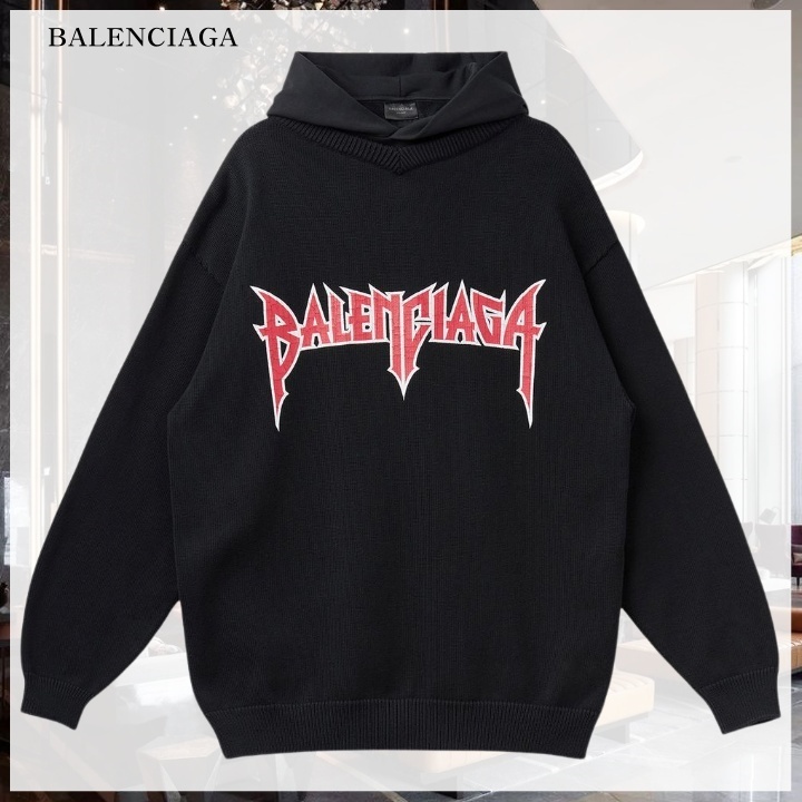 メンズ【Balenciaga】ロゴプリントフードスウェット ブラック