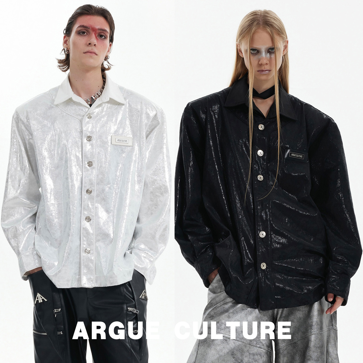 ArgueCulture光沢感シャツ ロング おしゃれ肩パット入り