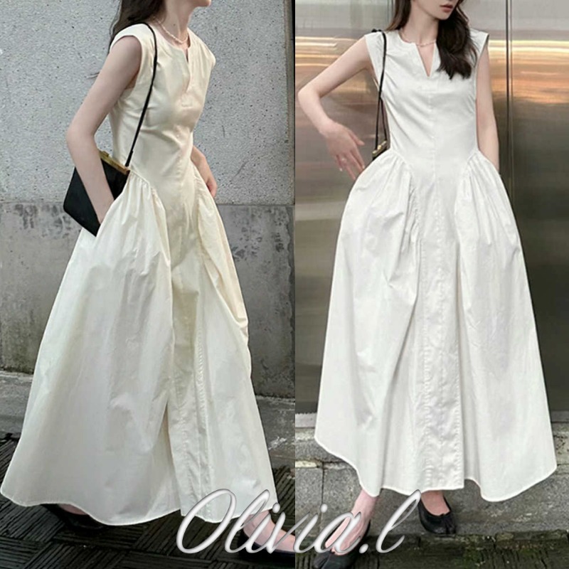 ワンピース ロング丈 無地 ノースリーブ 上品 韓国 L2313