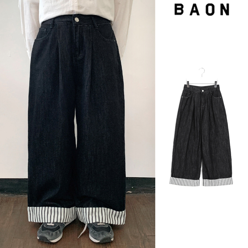 【BAON】Tsumira Stripe Roll-Up Wide Denim Pants