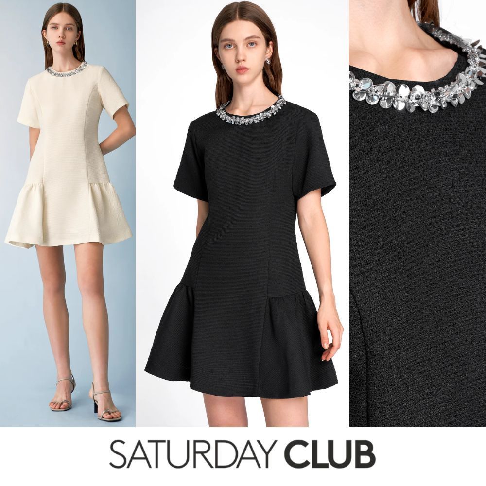 SaturdayClub ソリッドカラーミニワンピースクリスタル Uネック