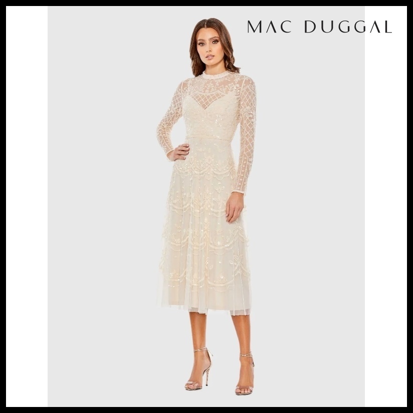 MAC DUGGAL イリュージョンハイネックミディドレス