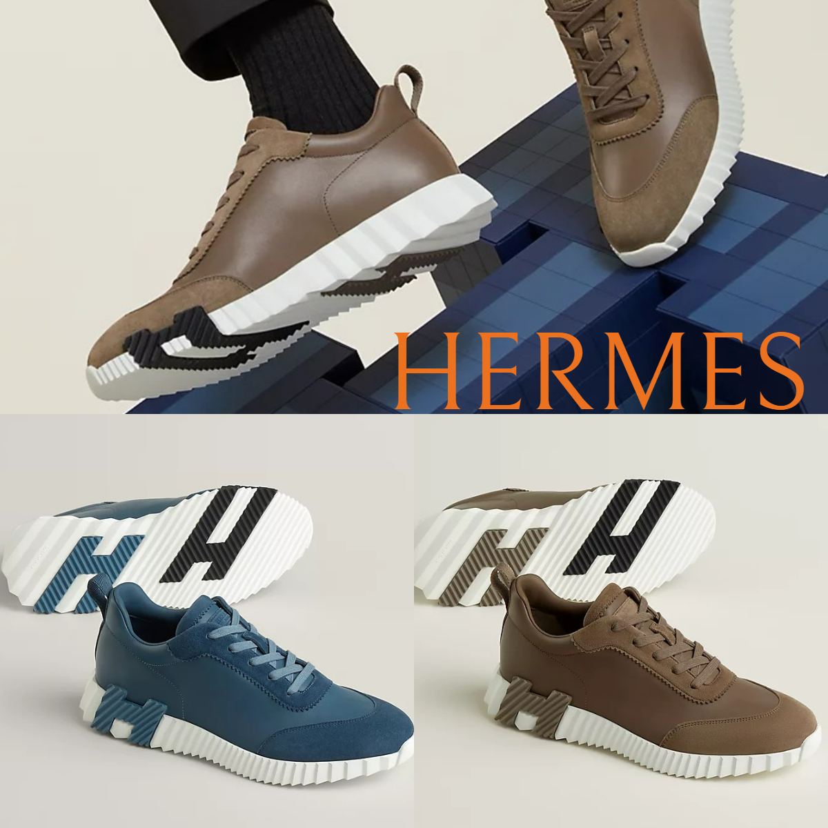新色*Hermes*メンズ Bouncing レザースニーカー Hロゴ 送料無料