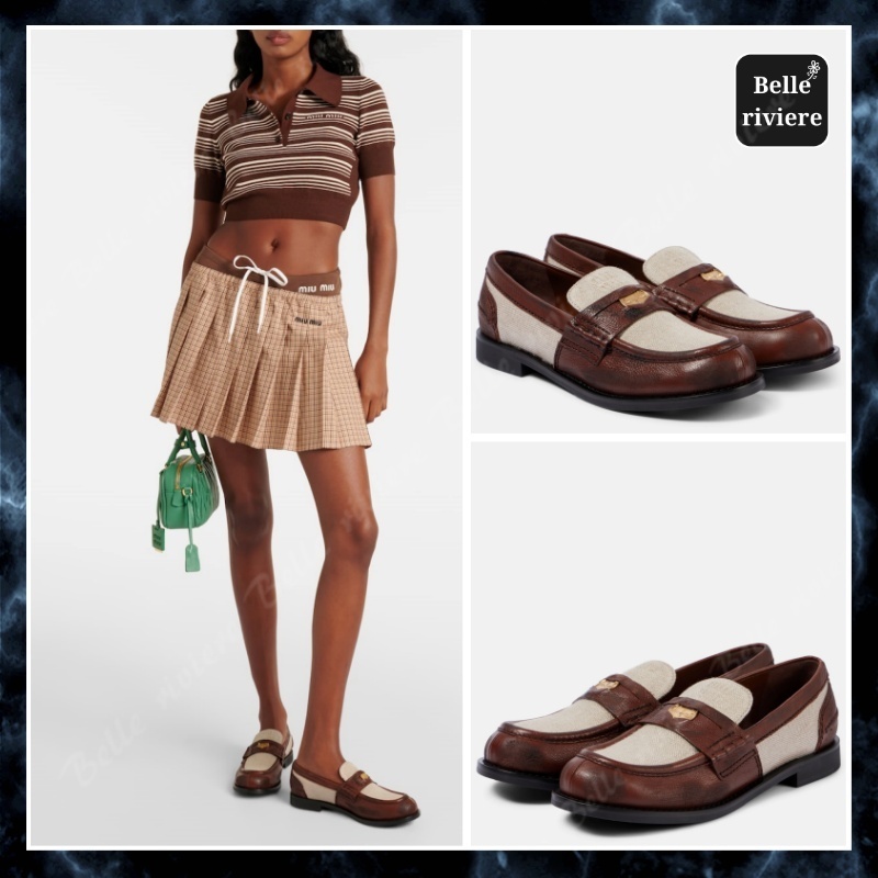 24PF new/MiuMiu ロゴ入りレザートリムローファー Loafer Brown