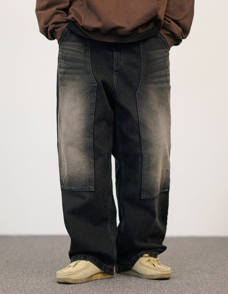 [JEMUT]★24FW★韓国人気★BUILD DOUBLE KNEE WIDE DENIM PANTS JEMUT]☆24FW☆韓国人気☆BUILD DOUBLE KNEE WIDE DENIM PANTS