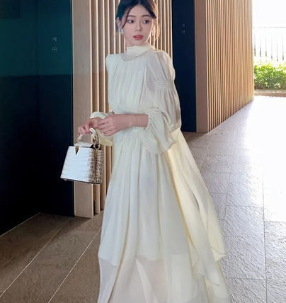 ドレス ロング 長袖 シフォン 大人 上品 ワンピース きれいめ