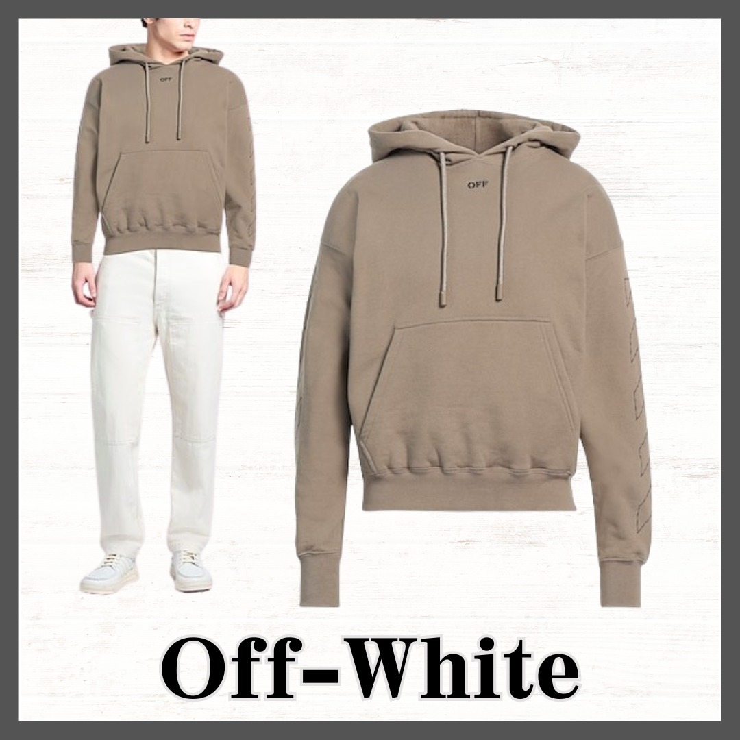 Off-White☆スウェット フード付きネック ロゴ 長袖 カーキ