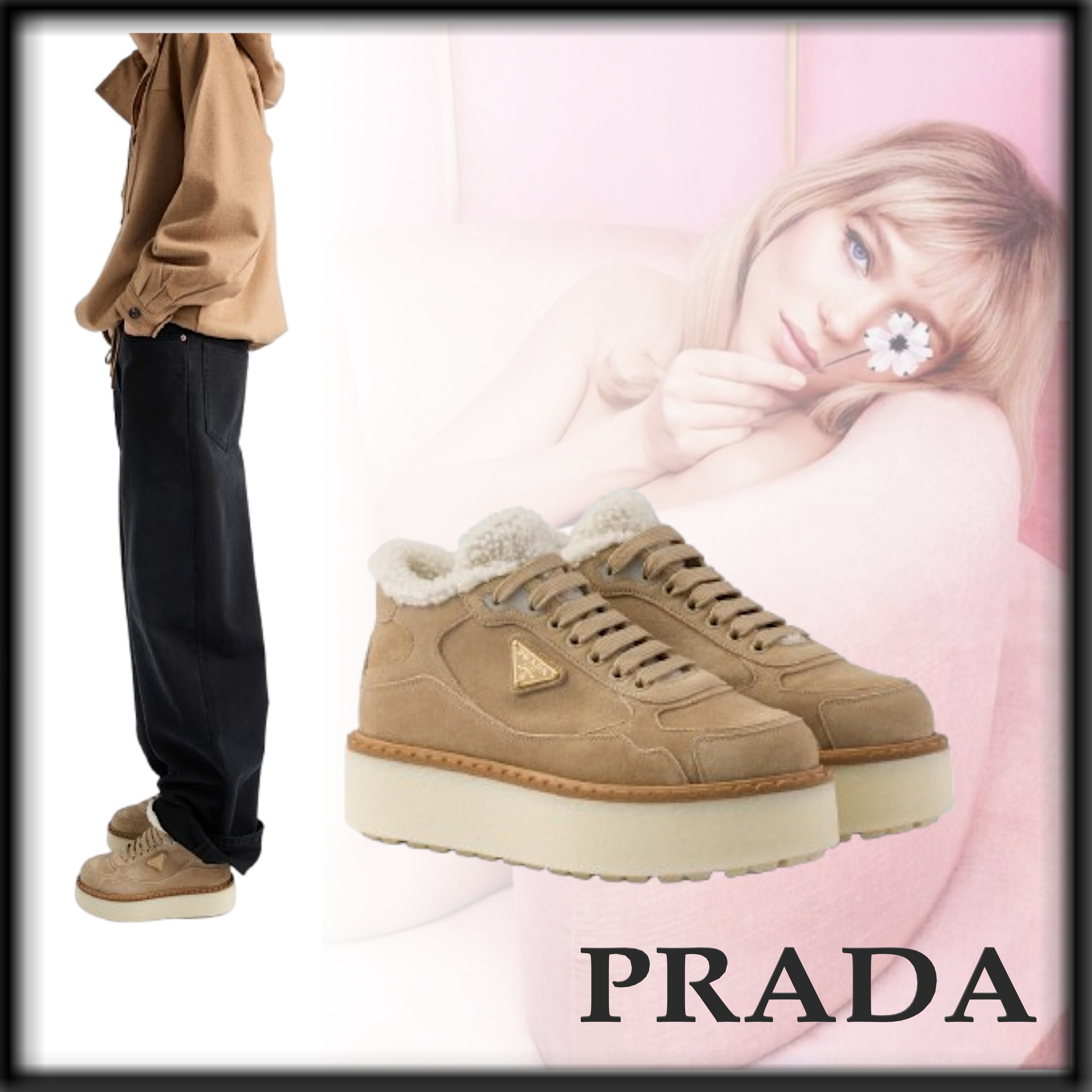 PRADA 人気 ロゴ スエード ミッドトップスニーカー