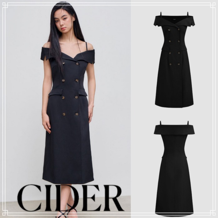 【Cider】オフショルダー ブレザー ミディ ドレス ブラック