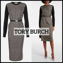 【TORY BURCH】Belted silk-trimmed wool midi dress