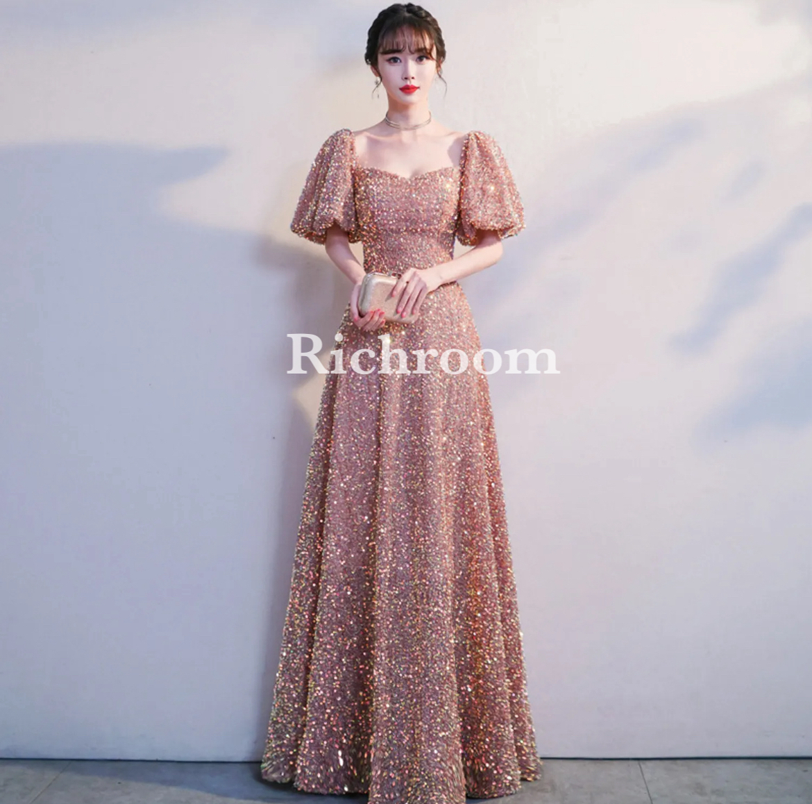 パーティードレス スパンコール パフスリーブ ロング 結婚式