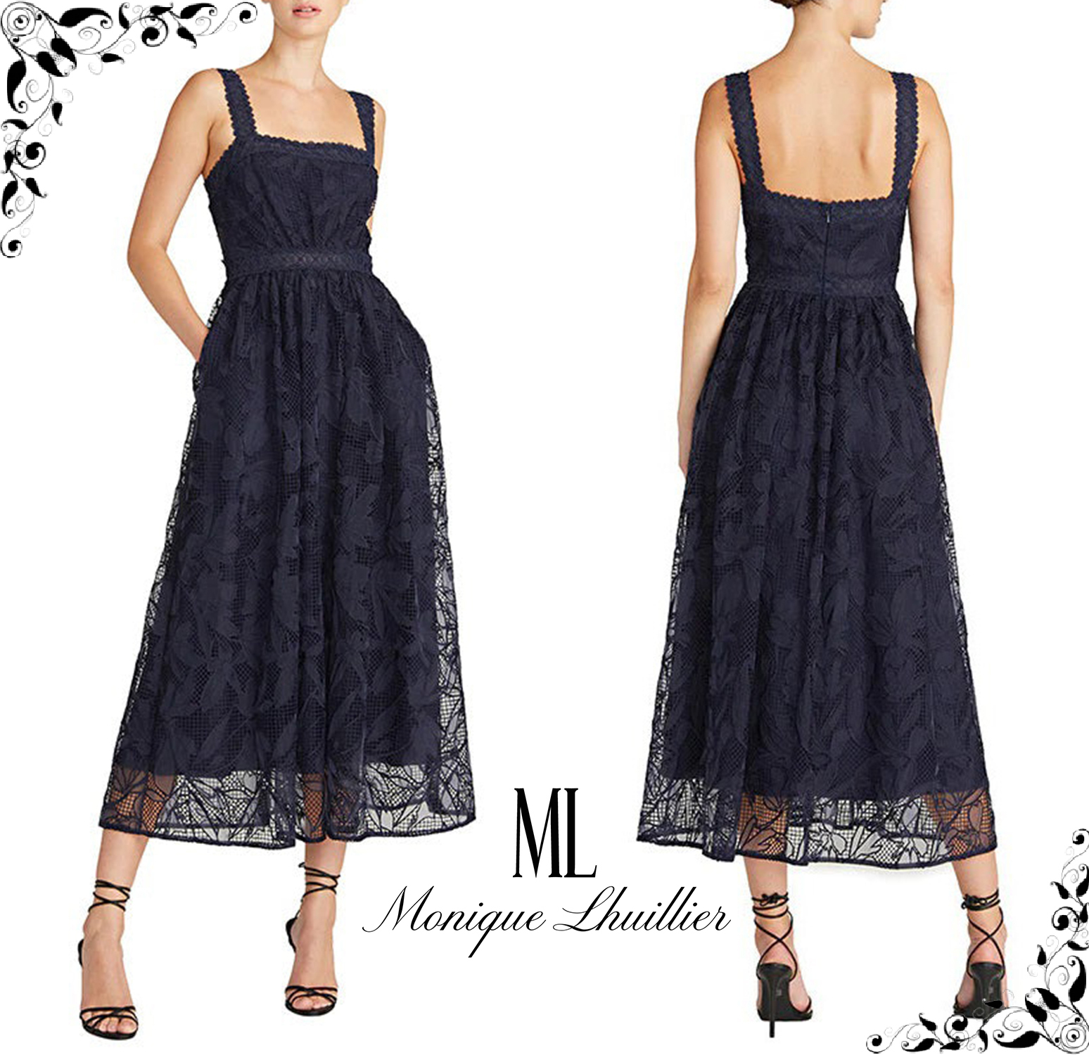 ML Monique Lhuillier☆上品ネイビーミディーワンピース